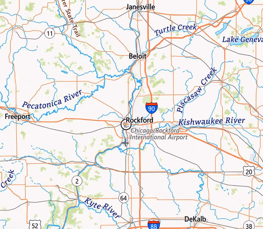 Map showing Rockford, Illinois, nearby cities like Janesville and Beloit, major highways I-90 and I-88, and rivers including Pecatonica River and Kishwaukee River.